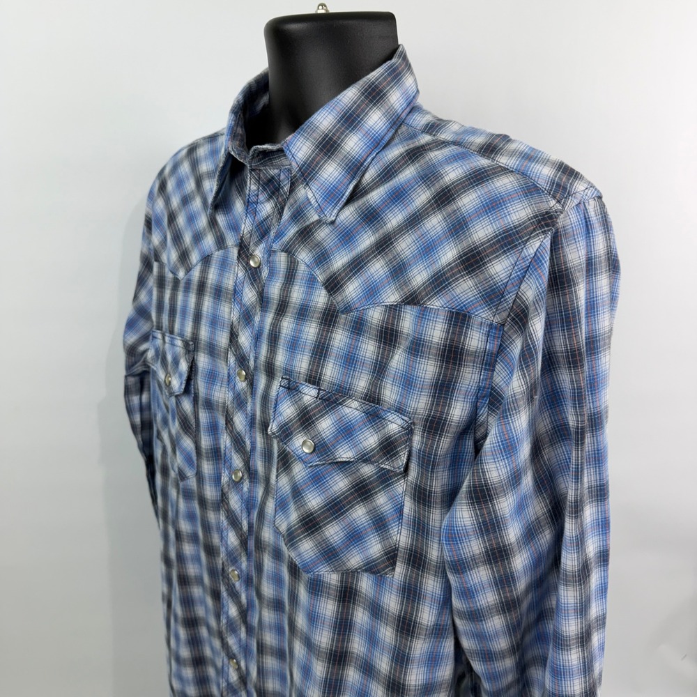 Wrangler Wrancher Mens Large Blue Plaid Pearl Snap Western Long Sleeve Shirt - Picture 9 of 11